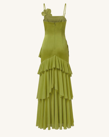 Robe longue asymétrique à volants et broderie orchidée - Vert olive