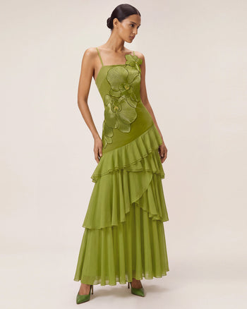 Robe longue asymétrique à volants et broderie orchidée - Vert olive