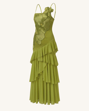 Robe longue asymétrique à volants et broderie orchidée - Vert olive