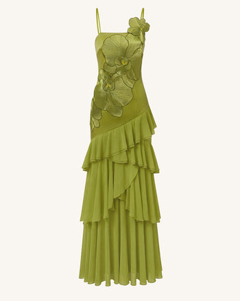 Robe longue asymétrique à volants et broderie orchidée - Vert olive