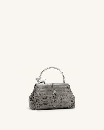 Bruna Sac à main à anse supérieure en métal en forme de teckel - Effet croco gris clair