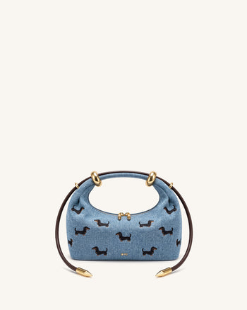 Ellie Sac à main à poignée supérieure orné d'un anneau métallique et broderies - Jean bleu vintage