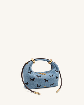 Ellie Sac à main à poignée supérieure orné d'un anneau métallique et broderies - Jean bleu vintage