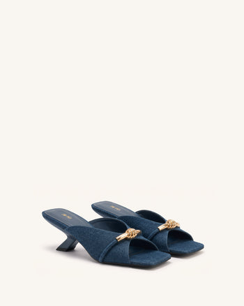 Lena Sandales à talons et brides croisées en jean avec nœud en corde métallique - Bleu jean