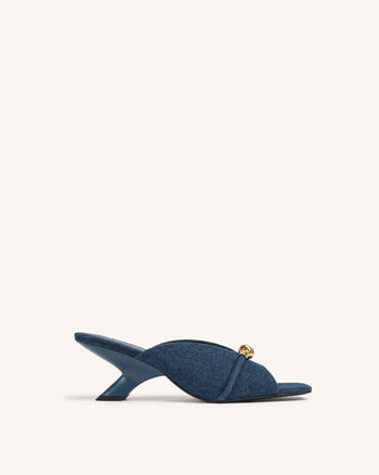 Lena Sandales à talons et brides croisées en jean avec nœud en corde métallique - Bleu jean
