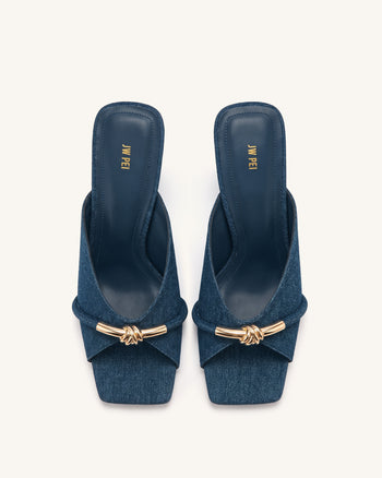 Lena Sandales à talons et brides croisées en jean avec nœud en corde métallique - Bleu jean