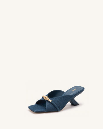 Lena Sandales à talons et brides croisées en jean avec nœud en corde métallique - Bleu jean