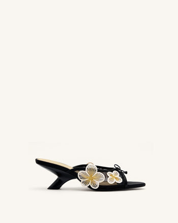 Mireille Sandales à talons en maille avec nœud et appliqué floral brodé - Noir