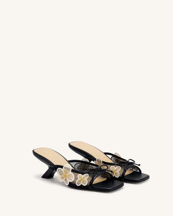 Mireille Sandales à talons en maille avec nœud et appliqué floral brodé - Noir