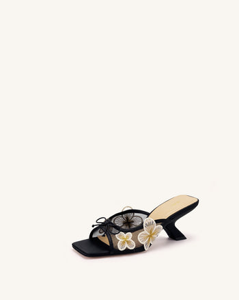 Mireille Sandales à talons en maille avec nœud et appliqué floral brodé - Noir