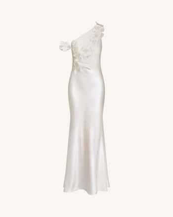 Robe longue fourreau asymétrique à applications florales - Ivoire