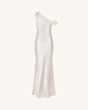 Robe longue fourreau asymétrique à applications florales - Ivoire