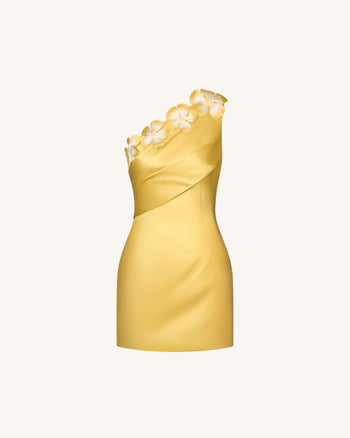 Robe courte asymétrique à applications florales - Jaune