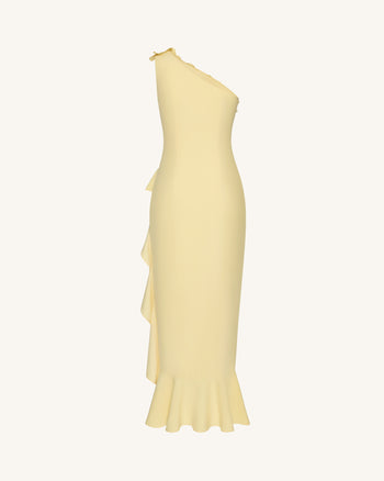 Robe fendue à volants et une épaule avec appliqués floraux - Jaune