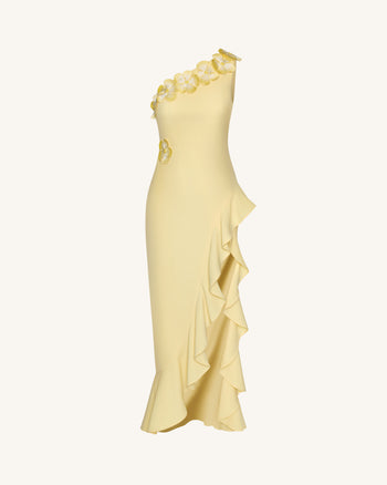 Robe fendue à volants et une épaule avec appliqués floraux - Jaune