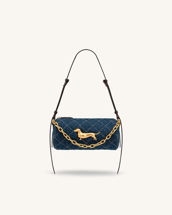 Lucienne Sac à bandoulière matelassé à chaîne motif teckel - Jean bleu