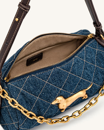 Lucienne Sac à bandoulière matelassé à chaîne motif teckel - Jean bleu