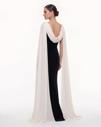 Robe longue à col bénitier et cape transparente - Noir & Blanc