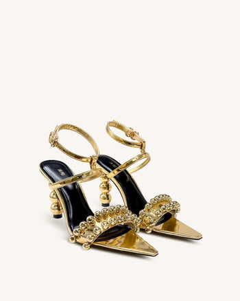 Sandales à talons hauts Mia avec brides et perles – Doré