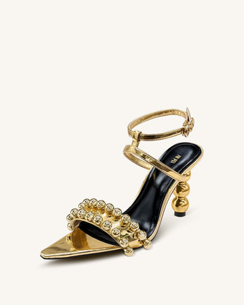 Sandales à talons hauts Mia avec brides et perles – Doré