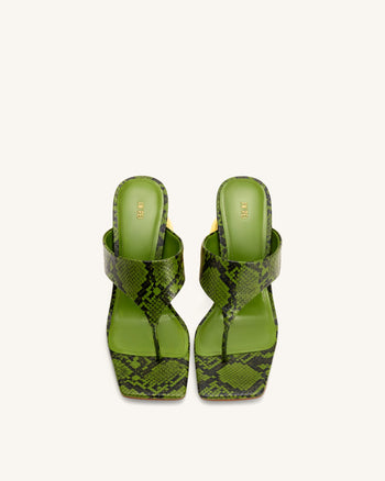 Tongs à talons Naomi – Effet peau de serpent vert