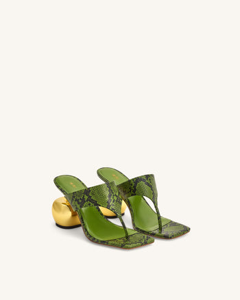 Tongs à talons Naomi – Effet peau de serpent vert