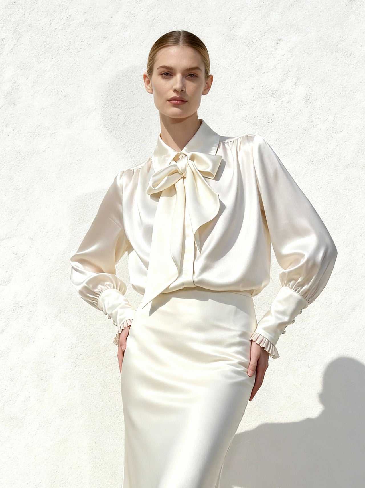Blouse à manches ballon et lien à nouer – Blanc