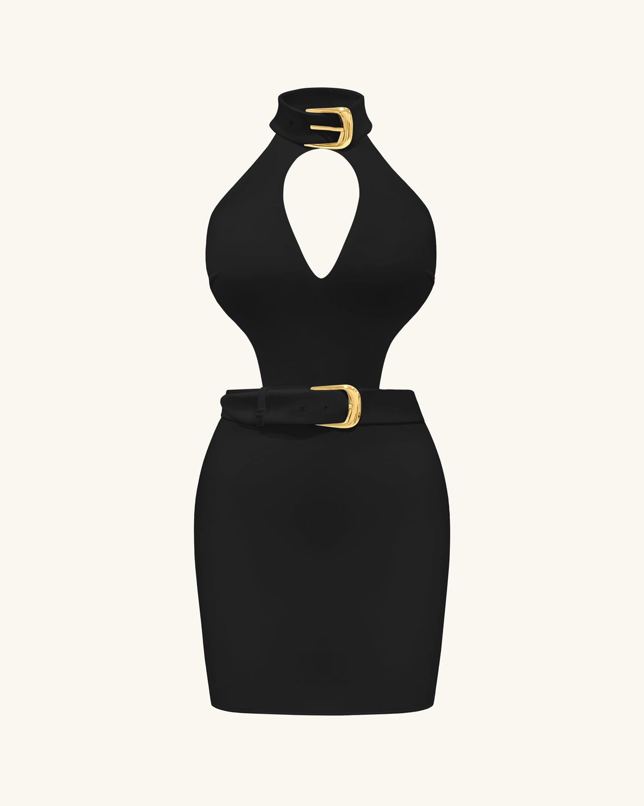 Robe mini Gabriella ceinturée à découpes avec col halter – Noir