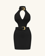 Robe mini Gabriella ceinturée à découpes avec col halter – Noir