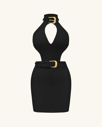 Robe mini Gabriella ceinturée à découpes avec col halter – Noir