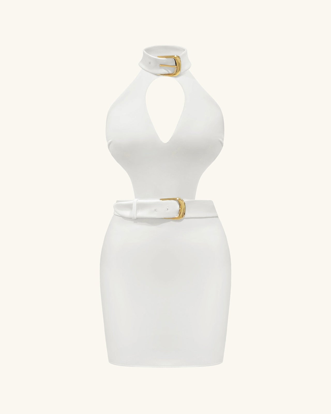 Robe Mini Gabriella à Découpes, Ceinturée, à Col Halter – Ivoire