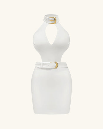 Robe Mini Gabriella à Découpes, Ceinturée, à Col Halter – Ivoire