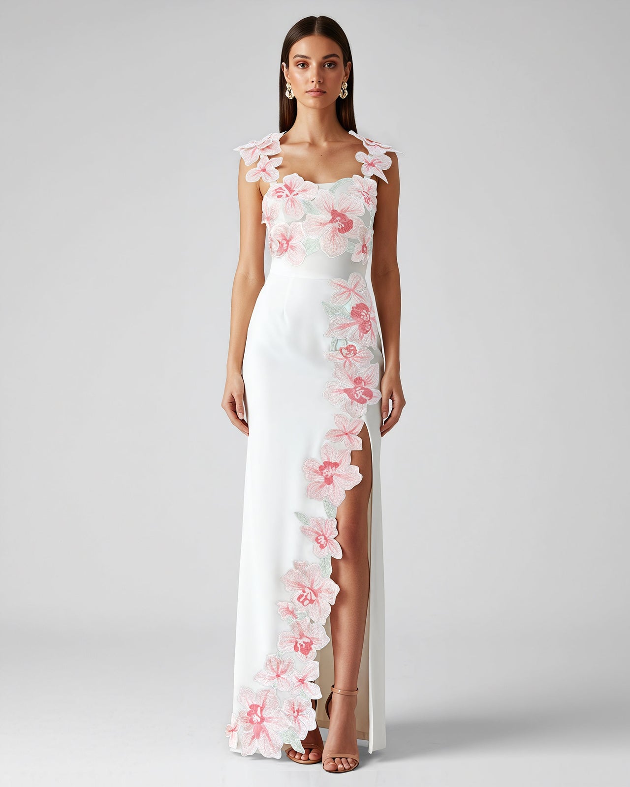 Robe brodée de fleurs - Blanc/Rose