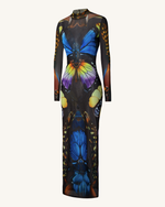 Robe longue en tulle à motif papillon – Multicolore