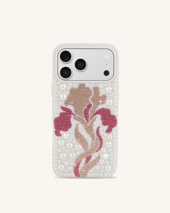 Coque de téléphone à motifs floraux, perles et cristaux artificiels - Blanc