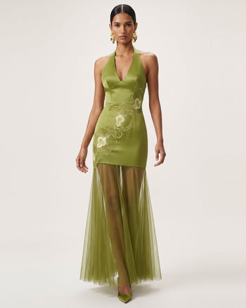 Robe longue dos nu à ourlet transparent et broderies orchidées - Olive