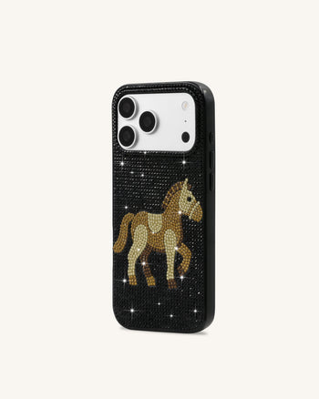 Coque de téléphone en cristal artificiel Cheval doré - Noir