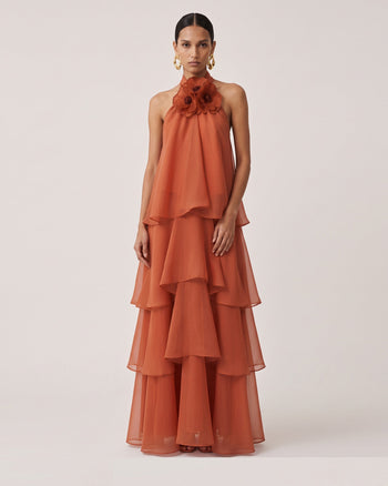 Poppy Robe longue à volants superposés et dos nu brodé - Orange brûlé