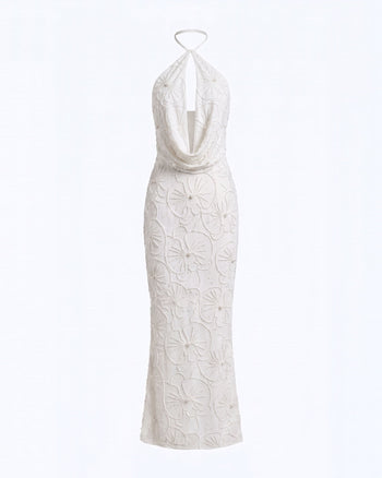 Robe longue dos nu à encolure bénitier et ouverture goutte d'eau brodée de perles Orchidée - Blanc