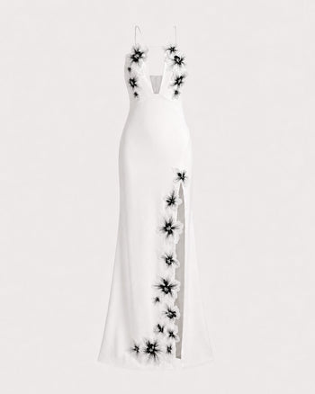 Robe longue dos nu à découpes et broderies florales - Blanc