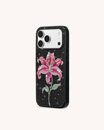 Coque de téléphone lys rose en cristaux artificiels - Noir