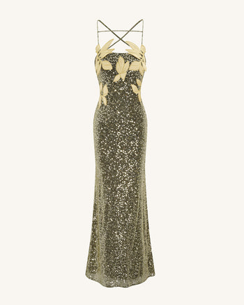 Robe Araminta Pailletée avec Détails Floraux - Dorée