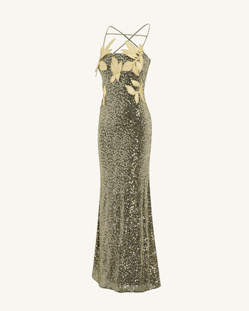 Robe Araminta Pailletée avec Détails Floraux - Dorée