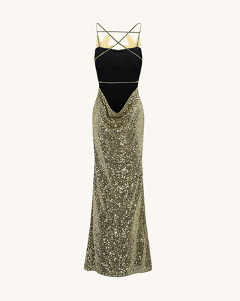 Robe Araminta Pailletée avec Détails Floraux - Dorée