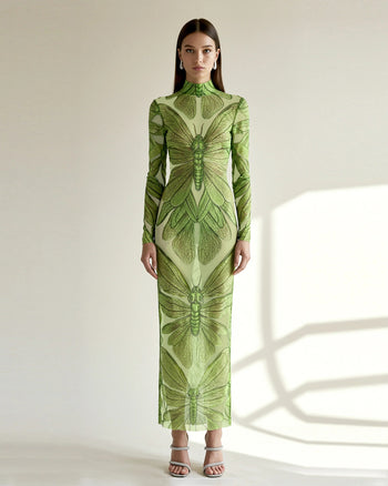 Robe en tulle transparent motif libellule – Vert