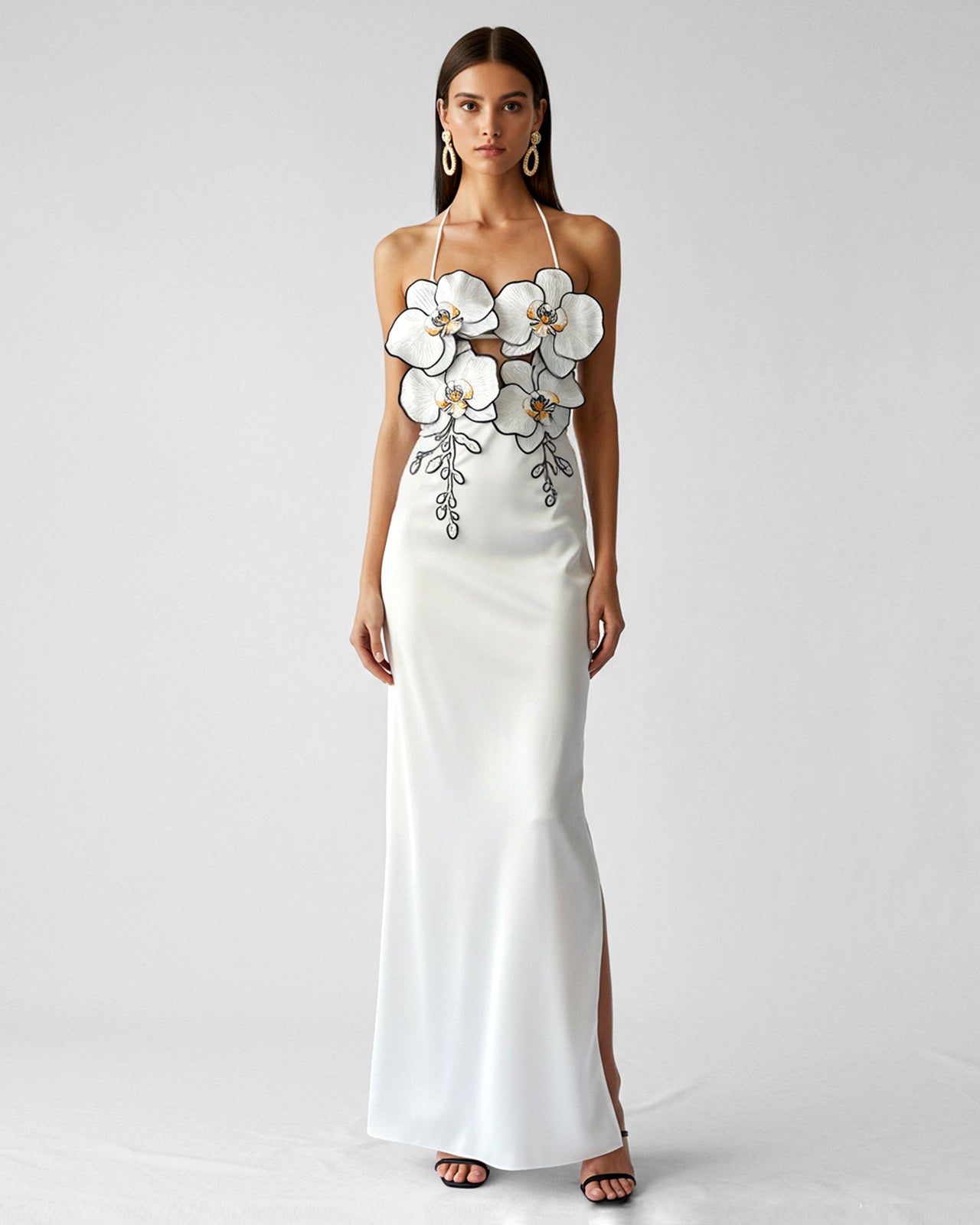 Robe Brodée Orchidée - Blanc/Noir