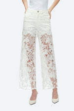 Jean en denim blanc taille haute à jambes larges, broderie, dentelle et strass