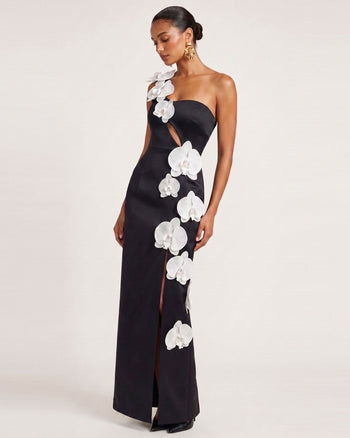 Robe longue à découpes et ornements orchidée - Noir