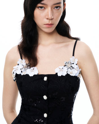Tailleur mini Seilena à fleurs 3D et sequins – Noir