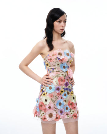 Robe courte brodée à fleurs Odalys – Multicolore pastel